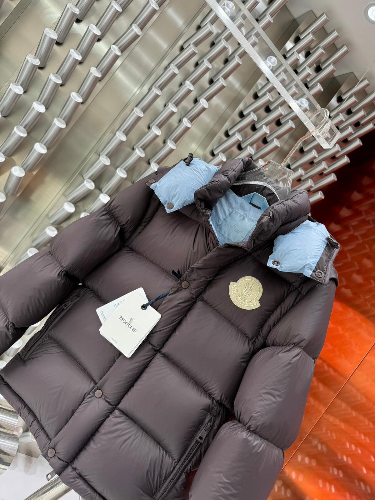 Moncler Down Jacket Dark Brown Blue Hood Two-Tone