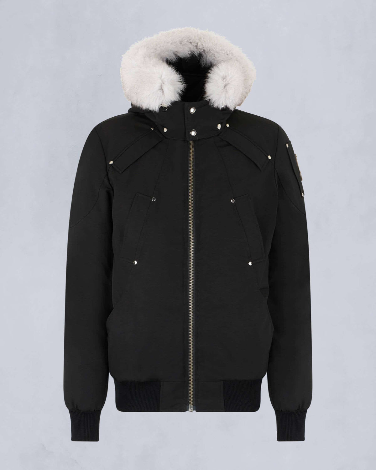 Moose Knuckles Black Bomber Jacket with White Fox Fur-Trimmed Hood
