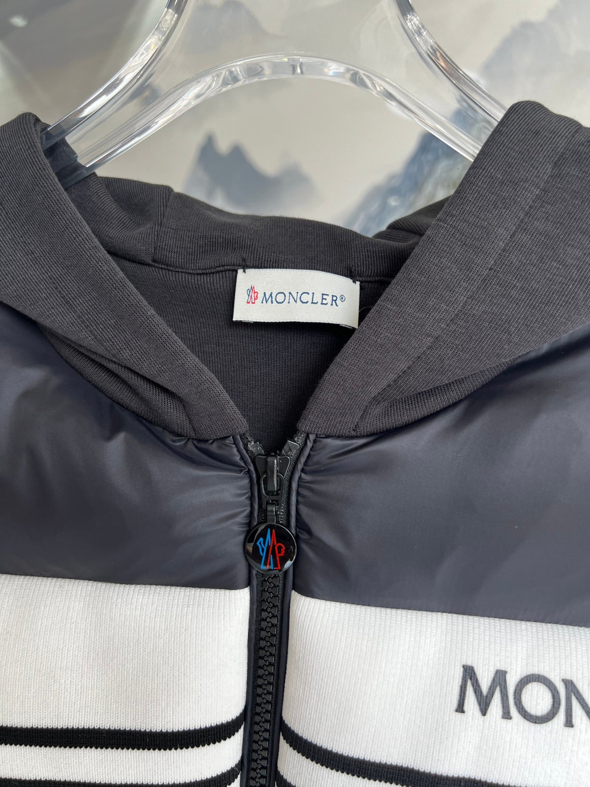 Moncler Charcoal Grey Hybrid Down & Knit Jacket with Logo Stripe Band