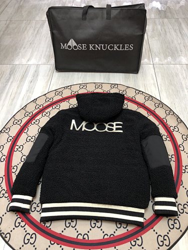 Moose Knuckles Sherpa Fleece Bomber Black Varsity Stripe Hem Goose Down
