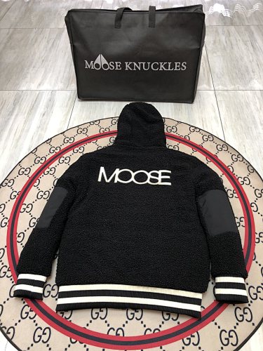Moose Knuckles Sherpa Fleece Bomber Black Varsity Stripe Hem Goose Down