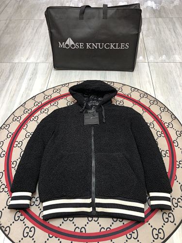 Moose Knuckles Sherpa Fleece Bomber Black Varsity Stripe Hem Goose Down