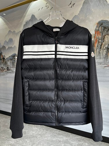 Moncler Charcoal Grey Hybrid Down & Knit Jacket with Logo Stripe Band