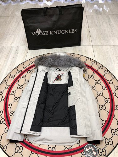 Moose Knuckles Parka Light Grey Grey Fur Hood Canada Lumberjack Back Patch