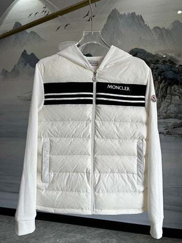Moncler White Hybrid Down & Knit Jacket with Logo Stripe Band