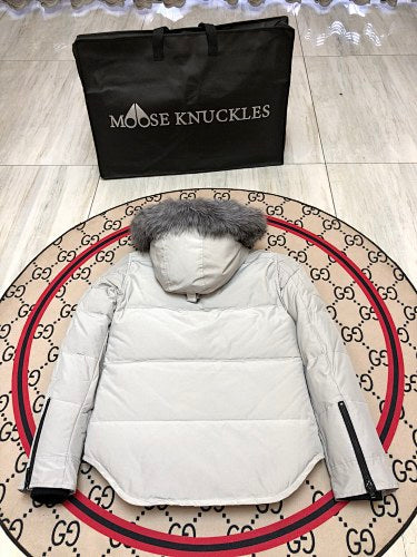 Moose Knuckles Parka Light Grey Grey Fur Hood Canada Lumberjack Back Patch