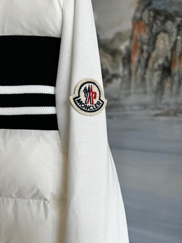 Moncler White Hybrid Down & Knit Jacket with Logo Stripe Band