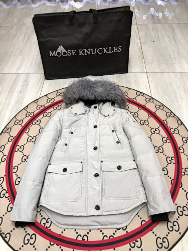 Moose Knuckles Parka Light Grey Grey Fur Hood Canada Lumberjack Back Patch