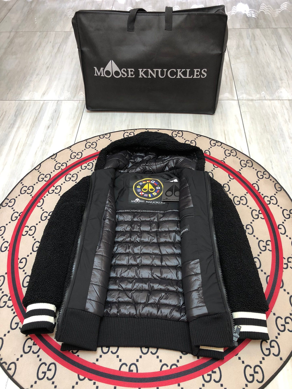 Moose Knuckles Sherpa Fleece Bomber Black Varsity Stripe Hem Goose Down