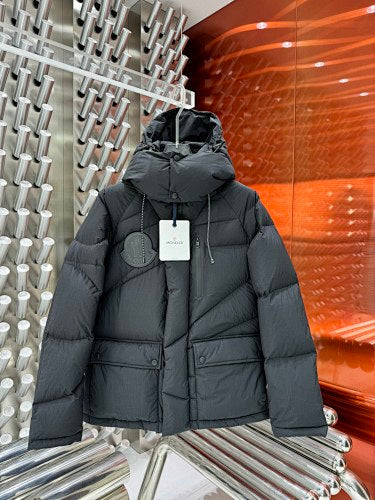 Moncler Black Gloss Hooded Down Jacket with Interior Pockets