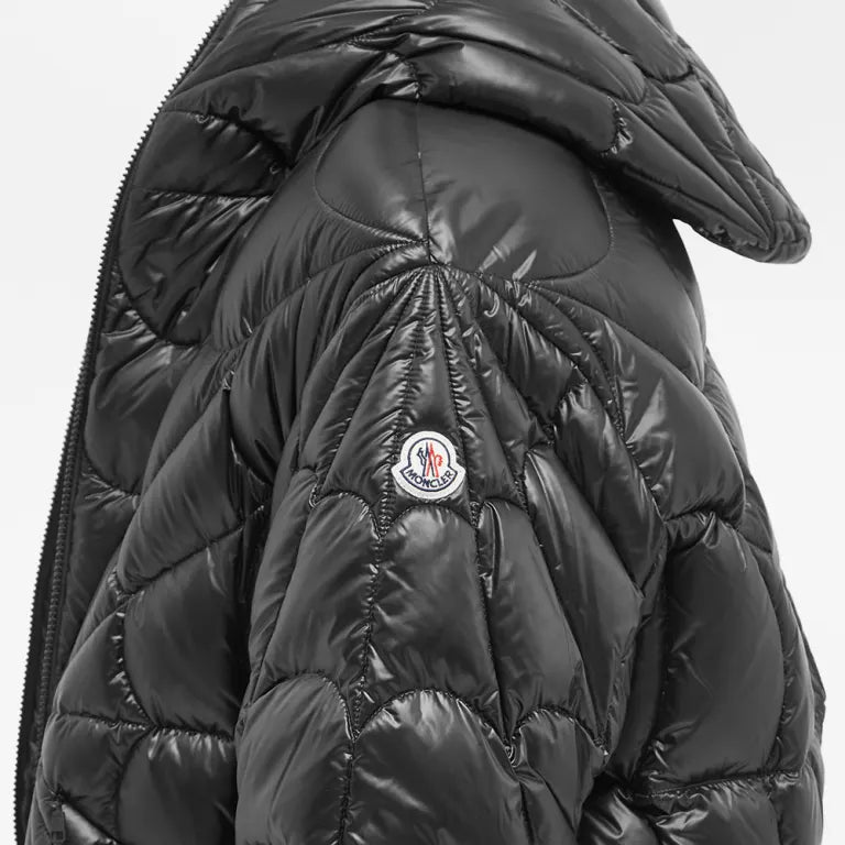 Moncler Black Gloss Hooded Down Jacket with Geometric Star Quilting
