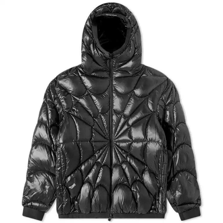 Moncler Black Gloss Hooded Down Jacket with Geometric Star Quilting