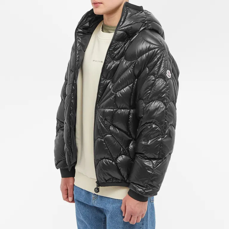 Moncler Black Gloss Hooded Down Jacket with Geometric Star Quilting