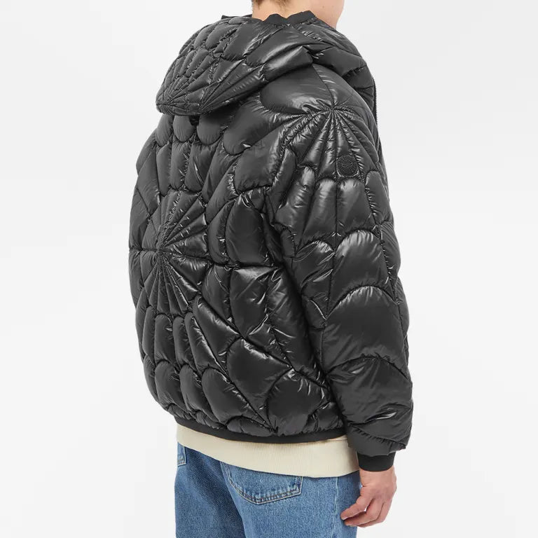 Moncler Black Gloss Hooded Down Jacket with Geometric Star Quilting
