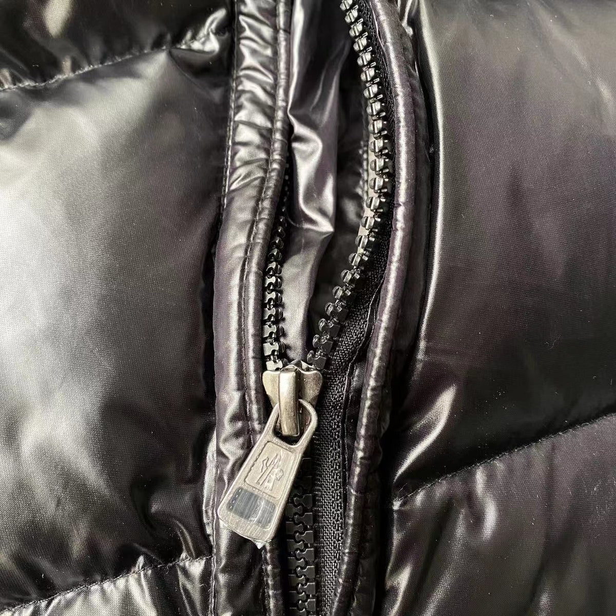 Moncler Black Gloss Maya Hooded Down Jacket with Two-Way Zip