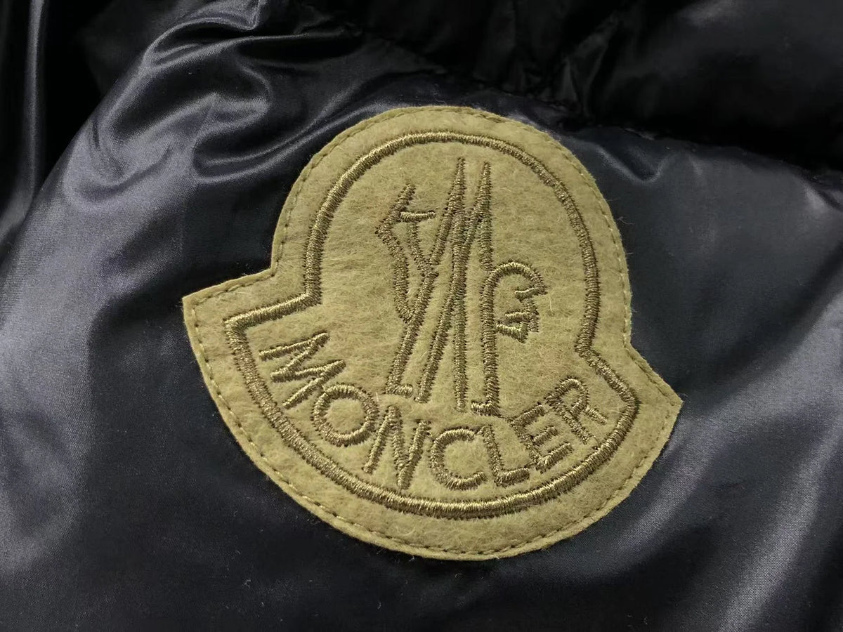 Moncler Black Gloss Stand Collar Down Jacket with Gold Logo Badge