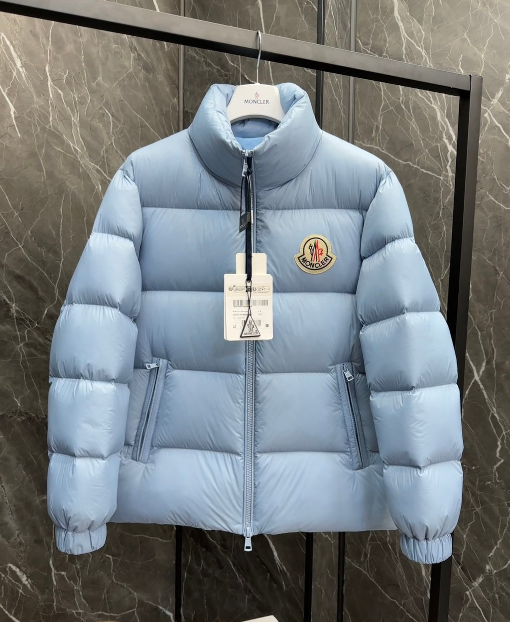 Moncler Down Jacket Powder Blue Tonal Short Puffer