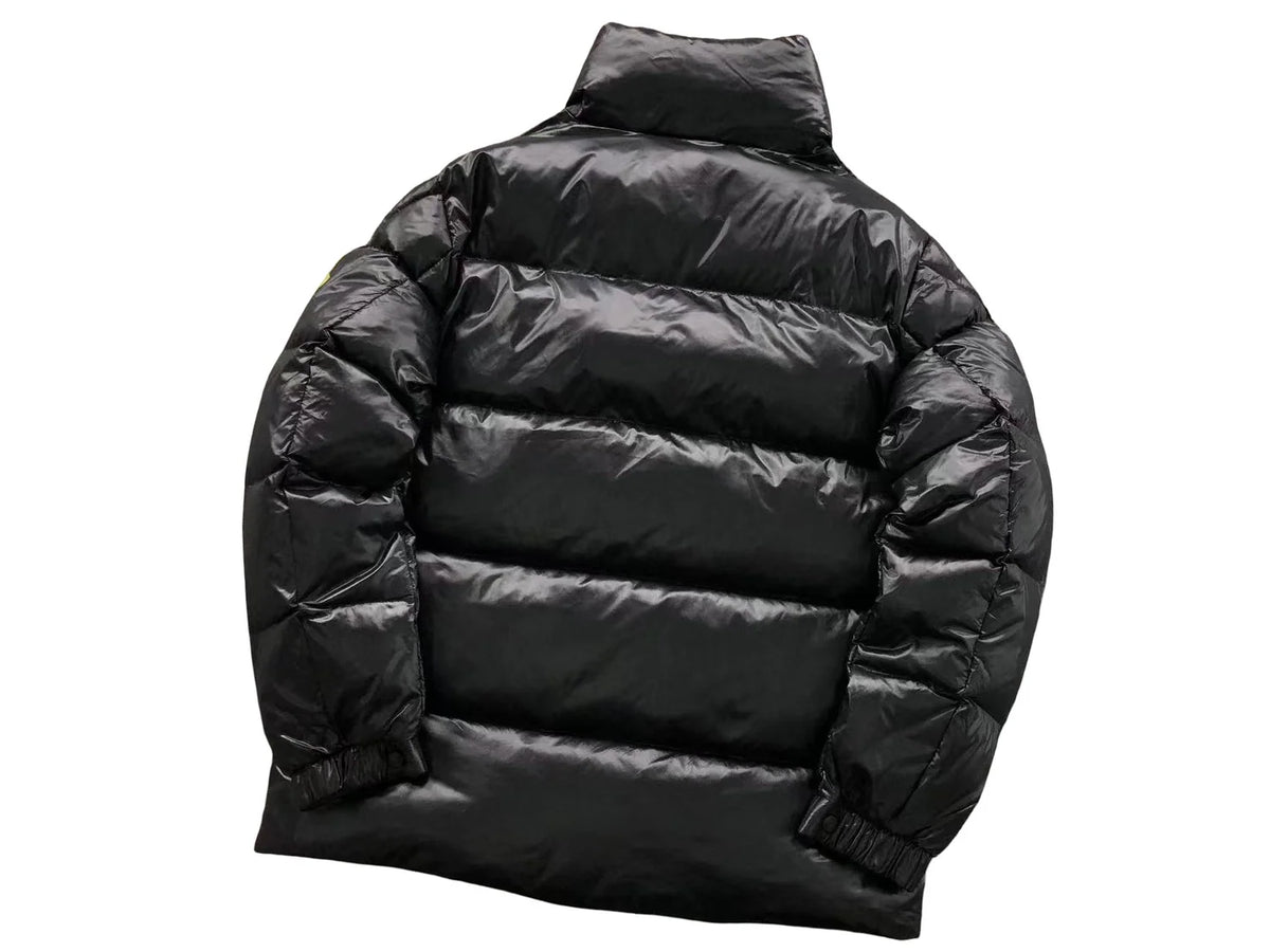 Moncler Black Gloss Stand Collar Down Jacket with Gold Logo Badge