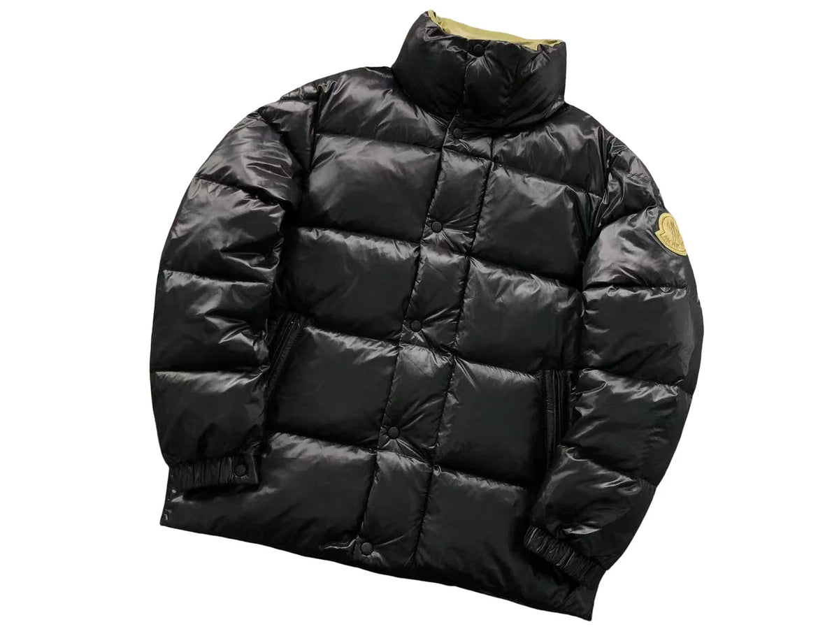Moncler Black Gloss Stand Collar Down Jacket with Gold Logo Badge
