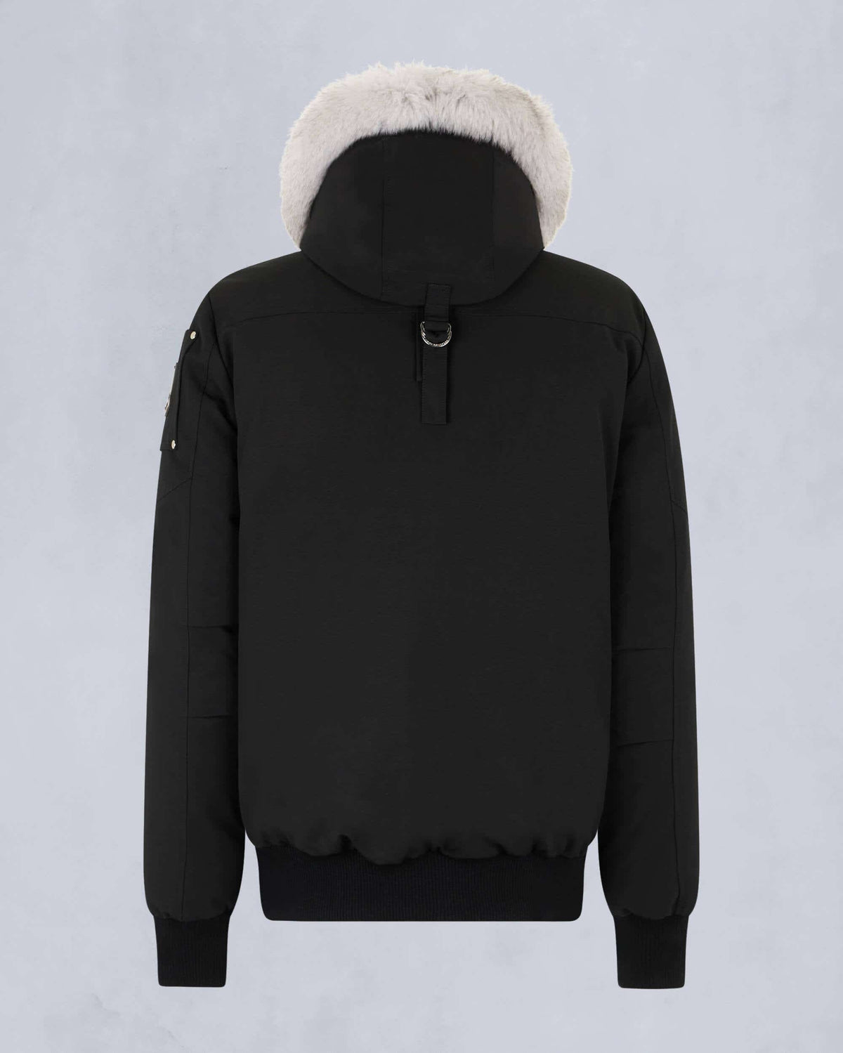 Moose Knuckles Black Bomber Jacket with White Fox Fur-Trimmed Hood