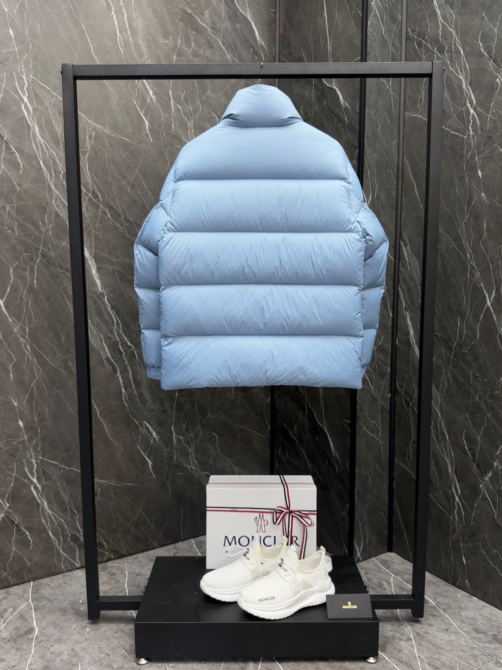 Moncler Down Jacket Powder Blue Tonal Short Puffer