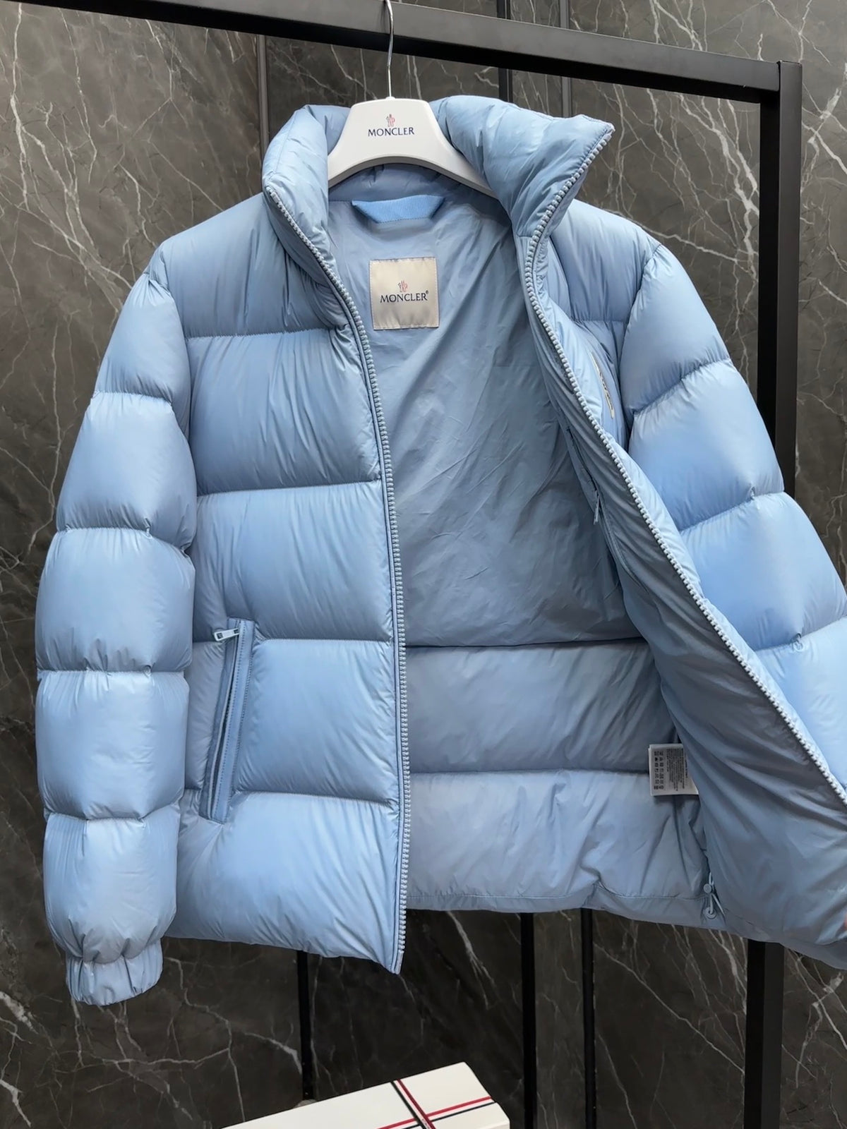 Moncler Down Jacket Powder Blue Tonal Short Puffer