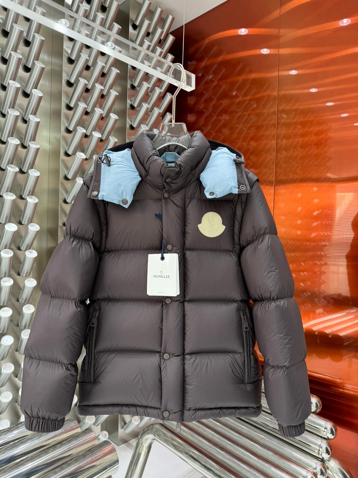 Moncler Down Jacket Dark Brown Blue Hood Two-Tone