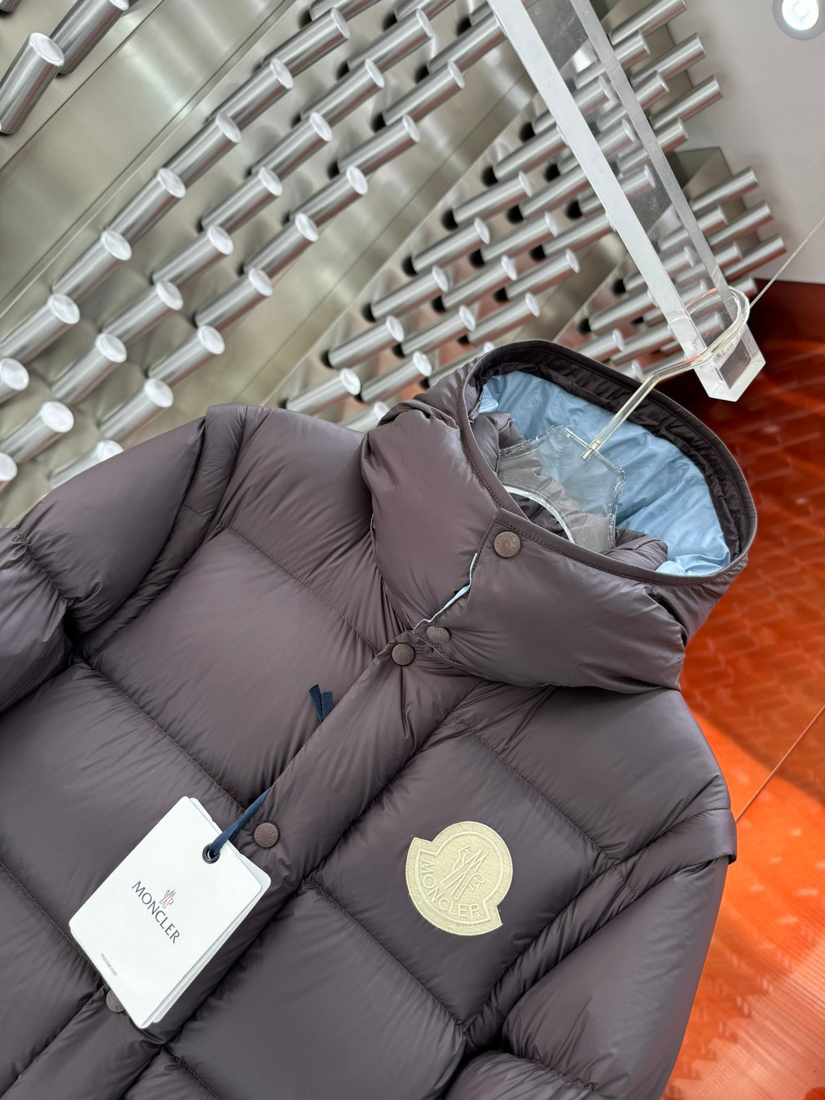 Moncler Down Jacket Dark Brown Blue Hood Two-Tone