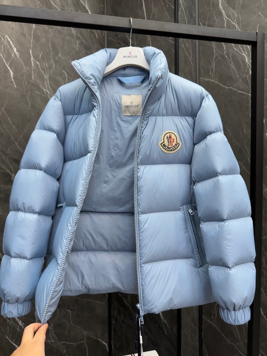 Moncler Down Jacket Powder Blue Tonal Short Puffer