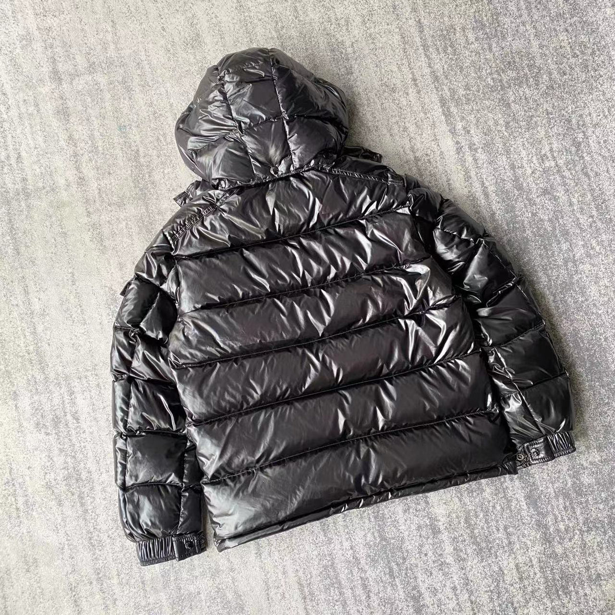 Moncler Black Gloss Maya Hooded Down Jacket with Two-Way Zip