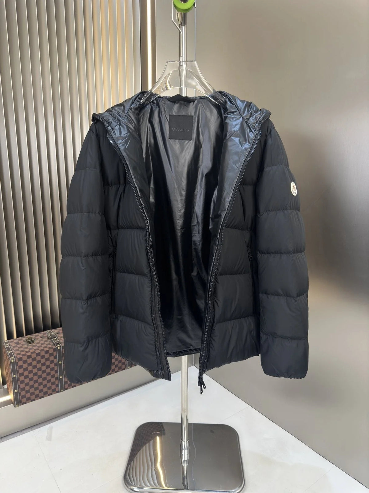 Moncler Black Collarless Down Jacket with Round Neck