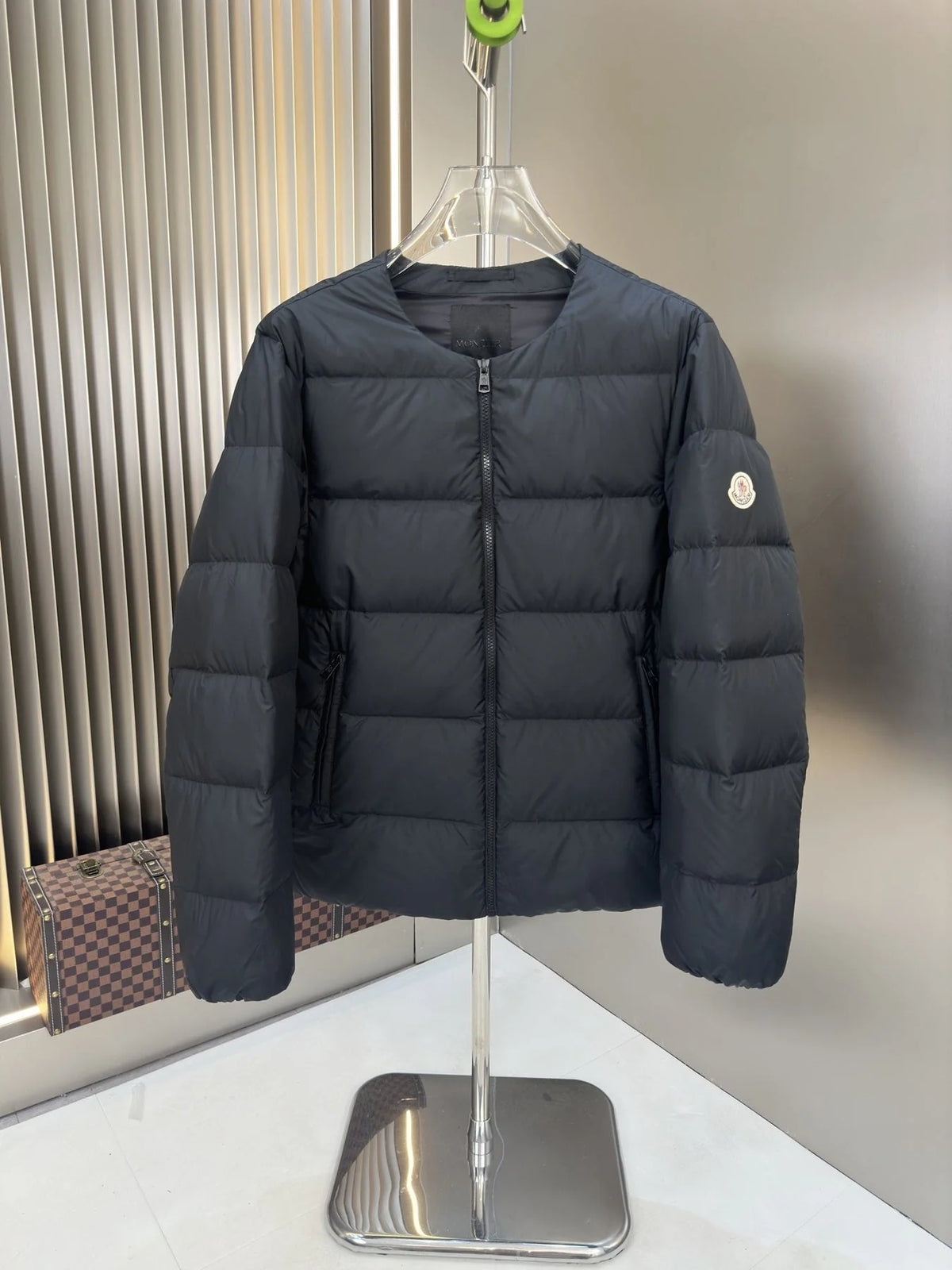 Moncler Black Collarless Down Jacket with Round Neck