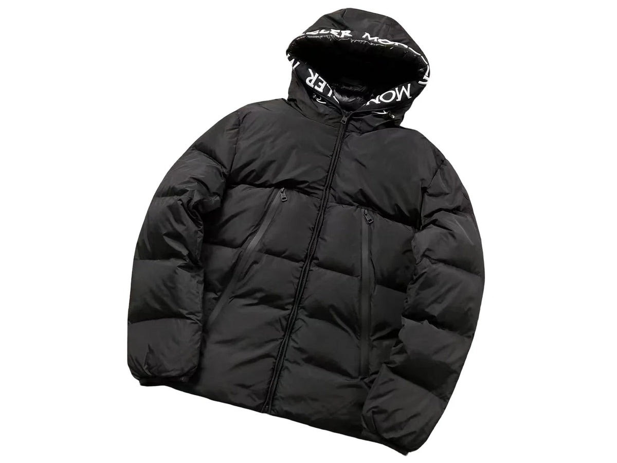 Moncler Black Matte Hooded Puffer Jacket with Logo Hood Lining