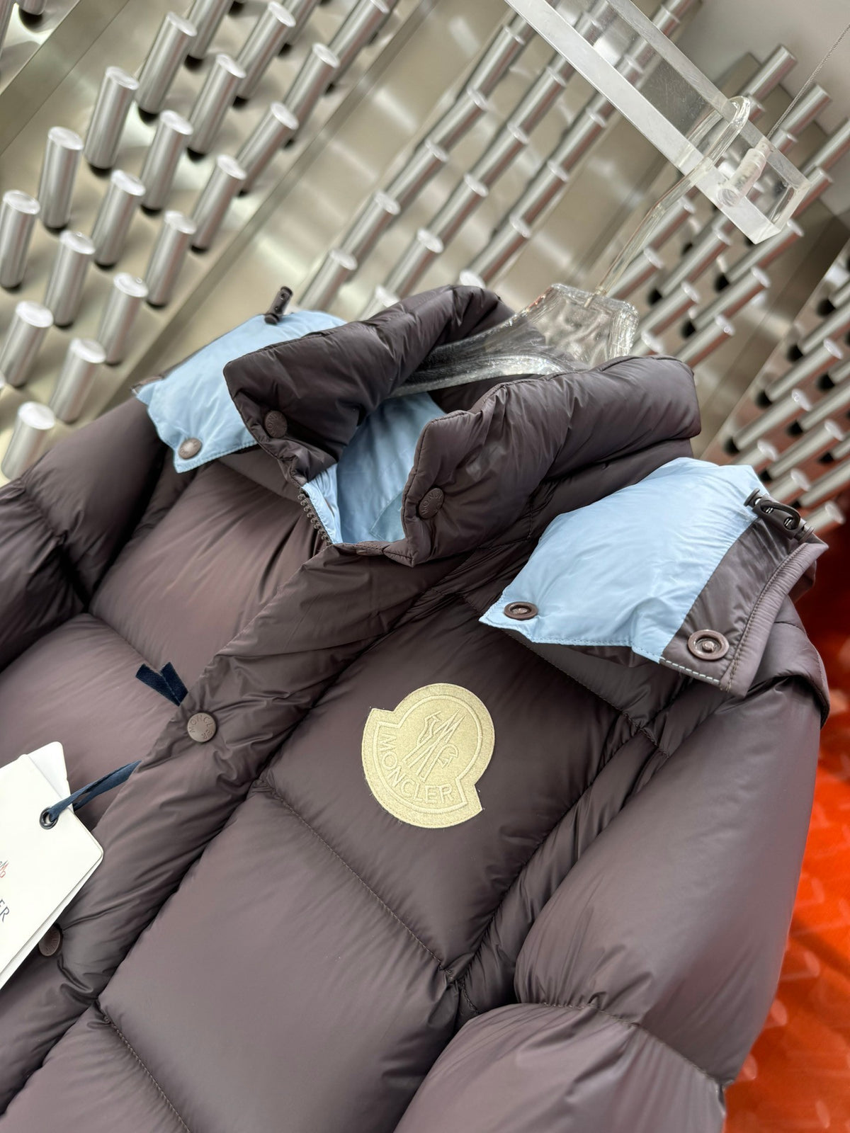 Moncler Down Jacket Dark Brown Blue Hood Two-Tone