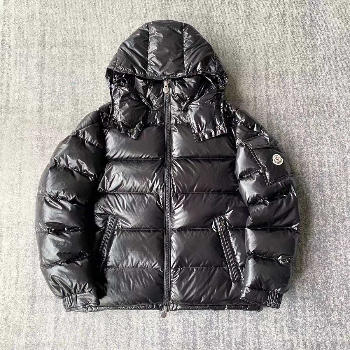 Moncler Black Gloss Maya Hooded Down Jacket with Two-Way Zip